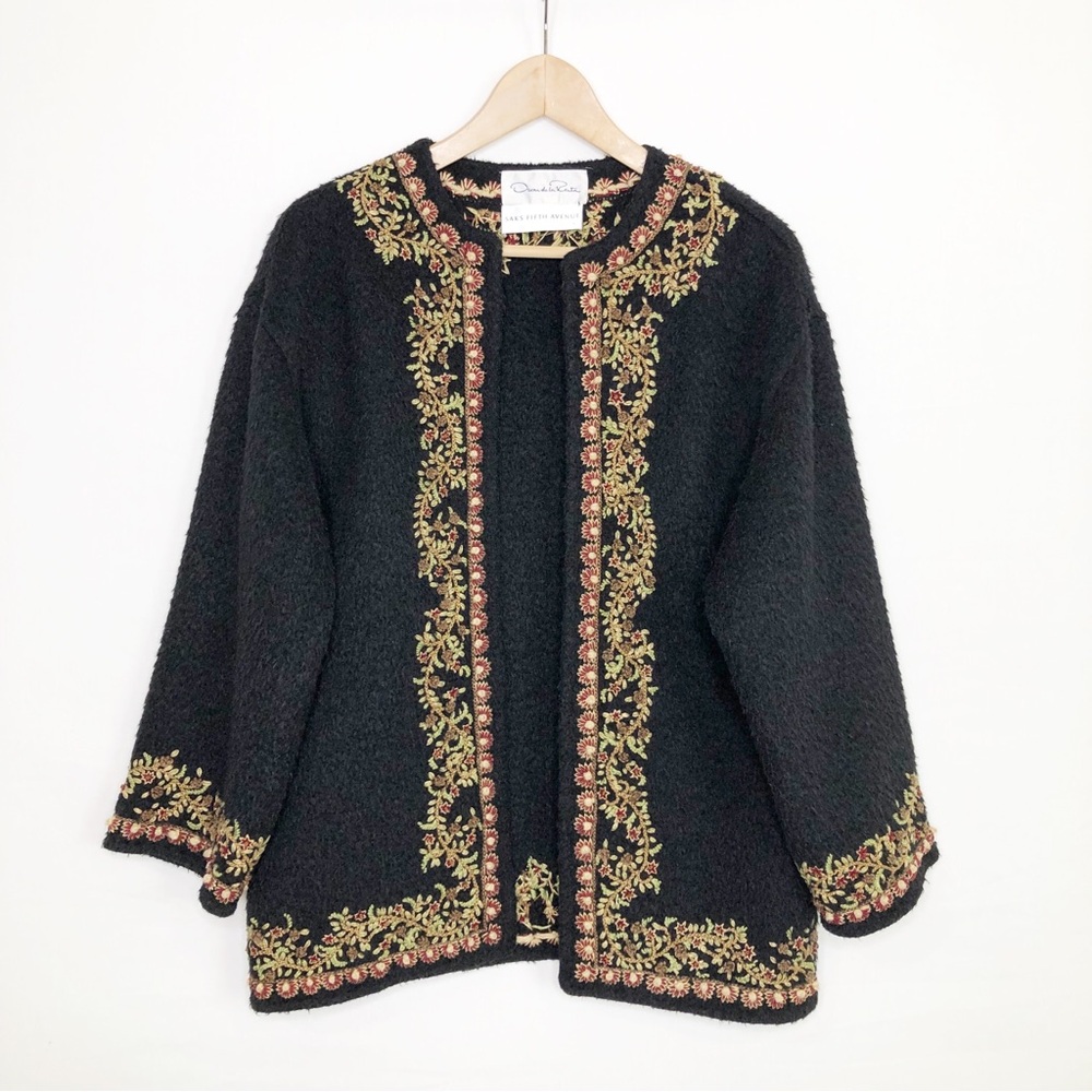 Oscar de la Renta Black Embroidered Open Bouclé Cardigan